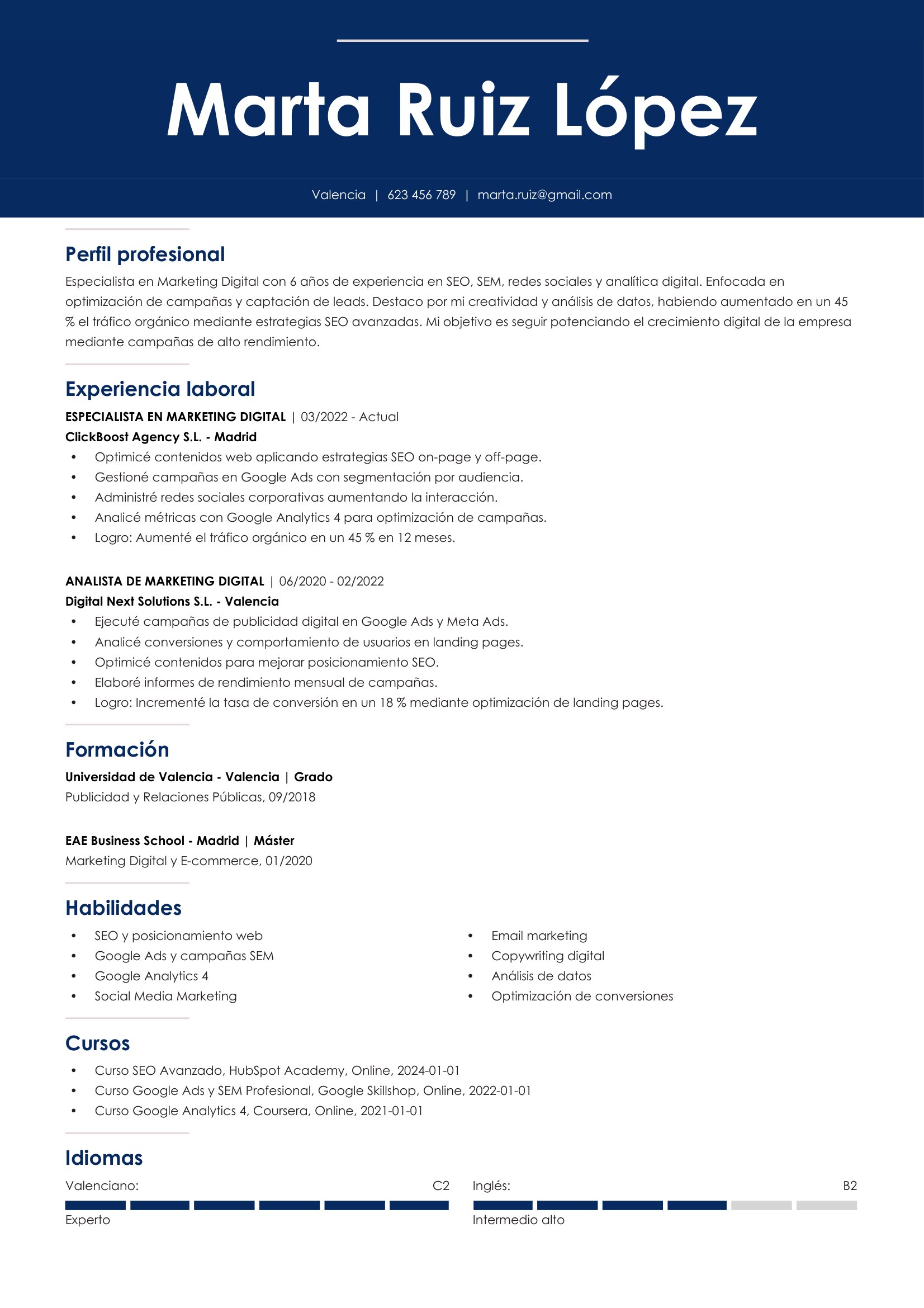 Plantilla de CV de especialista en marketing digital